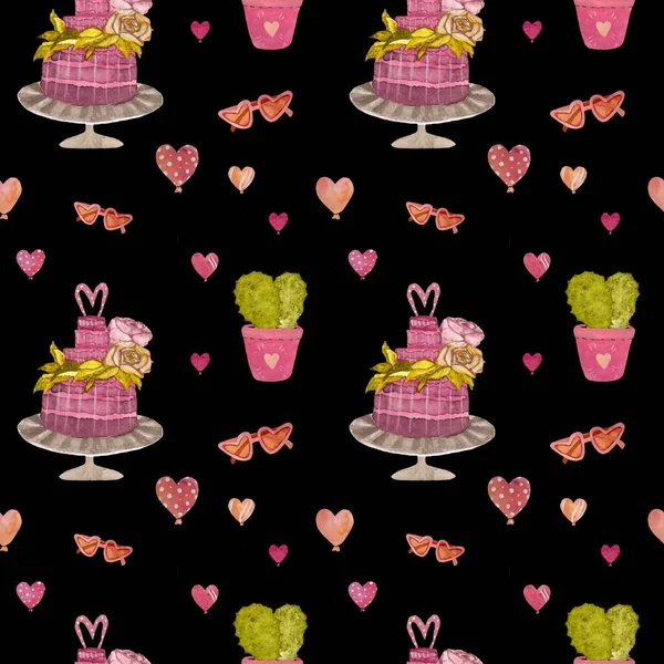 Kuchen Kaktus Ballon Rosa Muster Schwarz Eine Aquarell Illustration Handgezeichnete — Stockfoto