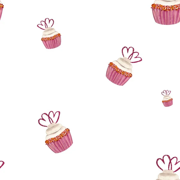 Cake Muffin Valentine Heart Pattern Watercolor Illustration Hand Drawn Texture — Stock Photo, Image