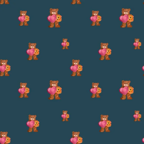 Medvěd Hnědé Růžové Srdce Vzor Ilustrace Akvarelů Ručně Kreslená Textura — Stock fotografie