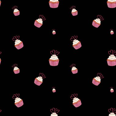 Kek, sevgililer günü kalp örneği. Suluboya çizimi. El yapımı doku. İzole edilmiş siyah arka plan. Tasarım, kumaşlar, baskılar, tekstil, kartlar, davetiyeler, afişler, kuponlar için kullanılacak. 