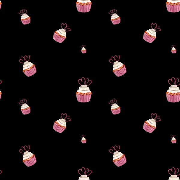 Muffin Valentine Herzmuster Eine Aquarell Illustration Handgezeichnete Textur Vereinzelter Schwarzer — Stockfoto