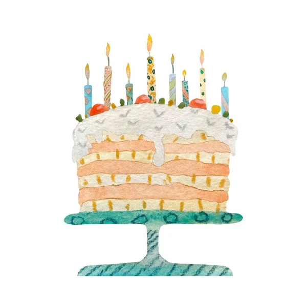 Ciasto Słodkie Jedzenie Świeca Wszystkiego Najlepszego Szkic Urodzinowy Ilustracja Akwarela — Zdjęcie stockowe