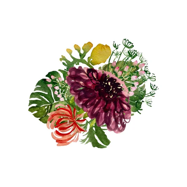 ダリアヤシの葉菊のかわいいスケッチ 水彩画です 手描きの質感 隔離された白い背景 デザイン ファブリック プリント テキスタイル カード 招待状 — ストック写真