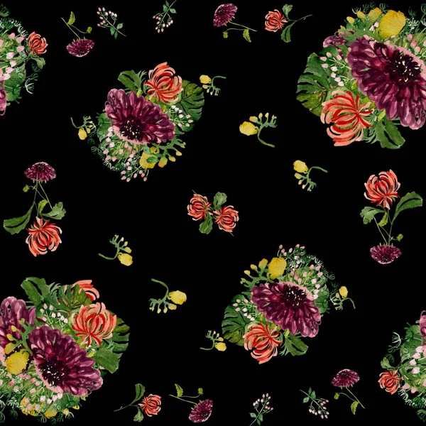 ダリア パーム菊の花模様 水彩画です 手描きの質感 隔離された黒の背景 デザイン ファブリック プリント テキスタイル カード — ストック写真