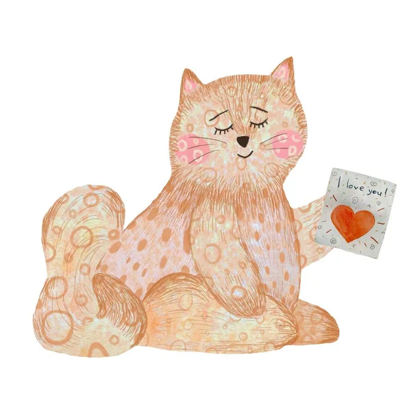 Kattenspeelgoed Roze Kaart Liefde Gelukkige Verjaardag Schets Een Aquarel Illustratie — Stockfoto