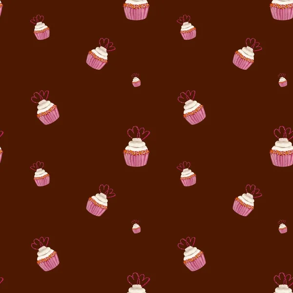 Muffinkuchen Valentinsherz Muster Eine Aquarell Illustration Handgezeichnete Textur Vereinzelter Roter — Stockfoto