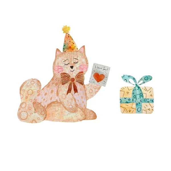 Kattenspeelgoed Kaart Liefde Cadeau Gestructureerde Schets Een Aquarel Illustratie Handgetekende — Stockfoto