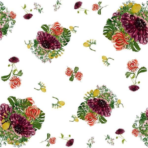 Dahlia Palmblad Chrysant Schattig Patroon Een Aquarel Illustratie Handgetekende Textuur — Stockfoto