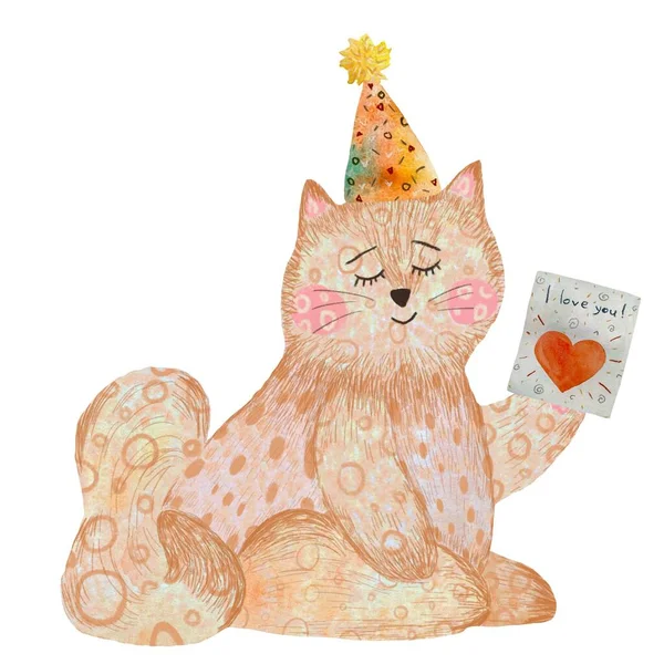 Γάτα Παιχνίδια Κάρτα Αγάπη Χρώματα Υφή Σκίτσο Εικονογράφηση Ακουαρέλας Χειροποίητη — Φωτογραφία Αρχείου