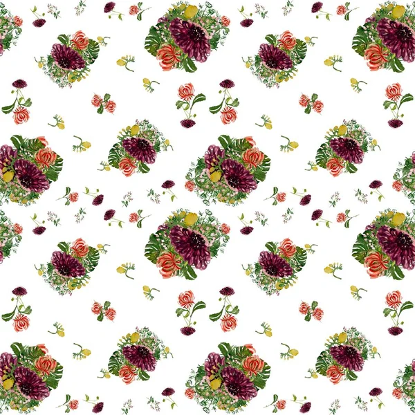 Ντάλια Λουλούδι Φοίνικα Κόκκινο Πράσινο Χαριτωμένο Μοτίβο Εικονογράφηση Ακουαρέλας Χειροποίητη — Φωτογραφία Αρχείου