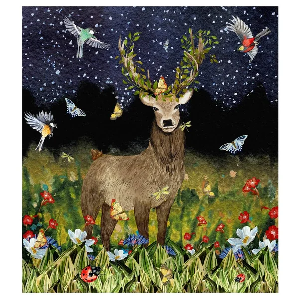 Hirsch Blume Vogel Hintergrund Nacht Sternenskizze Eine Aquarell Illustration Handgezeichnete — Stockfoto