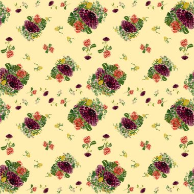 Dahlia palmiye yaprağı kasımpatı sarısı desen. Suluboya çizimi. El çizimi, izole edilmiş beyaz arka plan. Tasarım, kumaşlar, baskılar, tekstil, kartlar, davetiyeler, afişler, kuponlar için