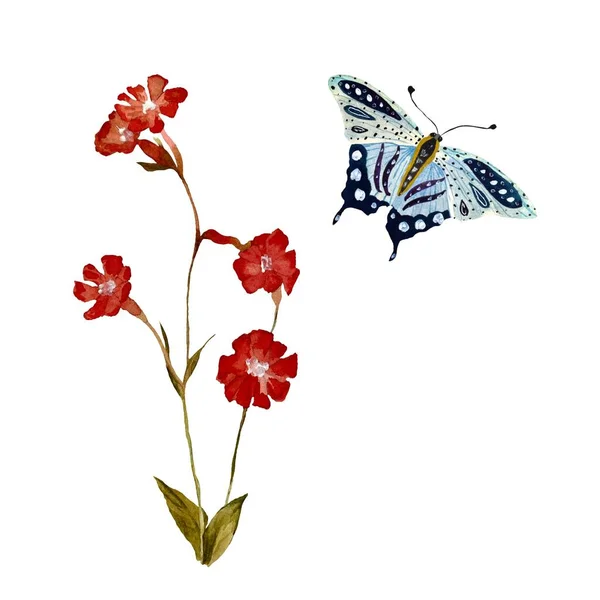 Квітковий Червоний Метелик Синій Текстурований Ескіз Акварельна Ілюстрація Рука Намальована — стокове фото
