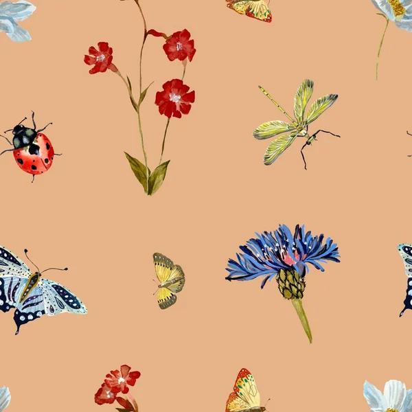 昆虫の花カモミールレッドブルーパターン桃 水彩画です 手描きの質感と隔離 デザイン ファブリック プリント テキスタイル カード 招待状 バナー — ストック写真