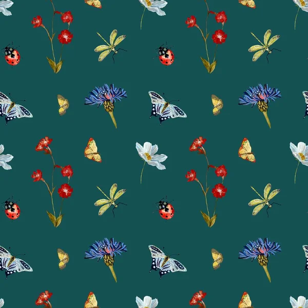 Hmyzí Květinový Tyrkysový Vzor Ilustrace Akvarelů Ručně Kreslená Textura Izolovaná — Stock fotografie