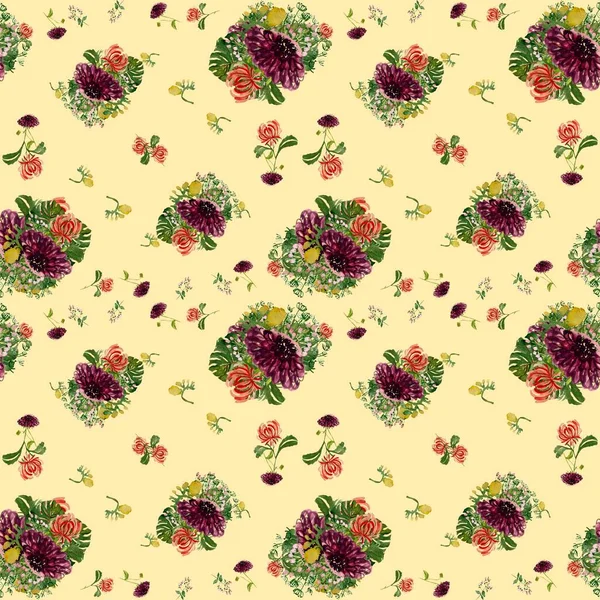 Dahlia Palmblad Chrysant Geel Patroon Een Aquarel Illustratie Handgetekende Textuur — Stockfoto