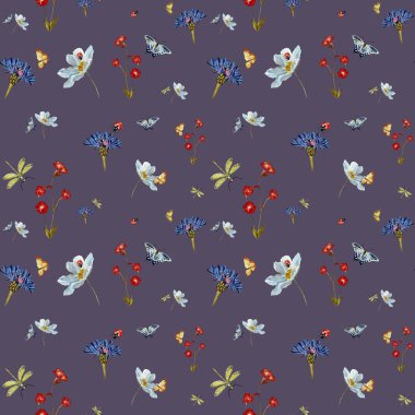 Böcek çiçeği papatya desenli menekşe. Suluboya çizimi. El yapımı ve izole edilmiş. Tasarım, kumaşlar, baskılar, tekstil, kartlar, davetiyeler, afişler, kuponlar, kuponlar.