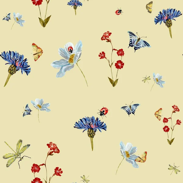 Rovar Virág Százszorszép Aranyos Minta Bézs Vázlat Egy Akvarell Illusztráció — Stock Fotó