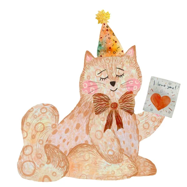 Kattenspeelgoed Kaart Liefde Getextureerde Boog Schets Een Aquarel Illustratie Handgetekende — Stockfoto