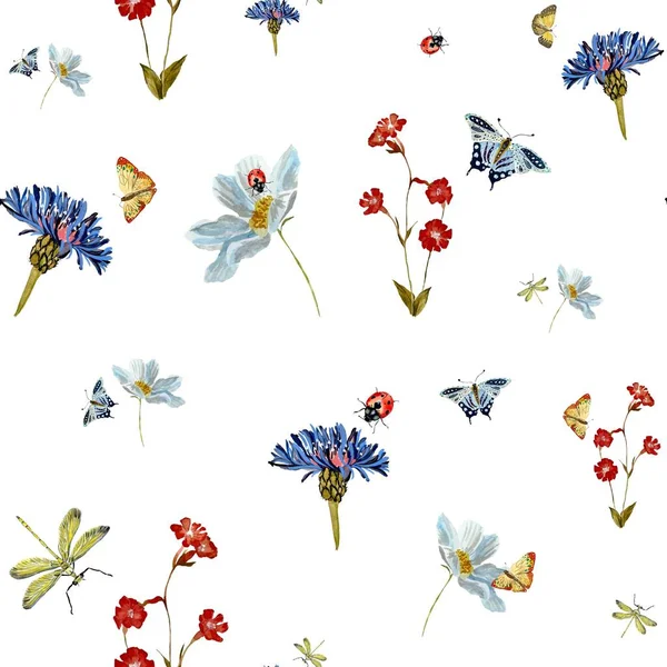 昆虫の花デイジー赤青のパターンスケッチ 水彩画です 手描きの質感と隔離 デザイン ファブリック プリント テキスタイル カード 招待状 バナー — ストック写真
