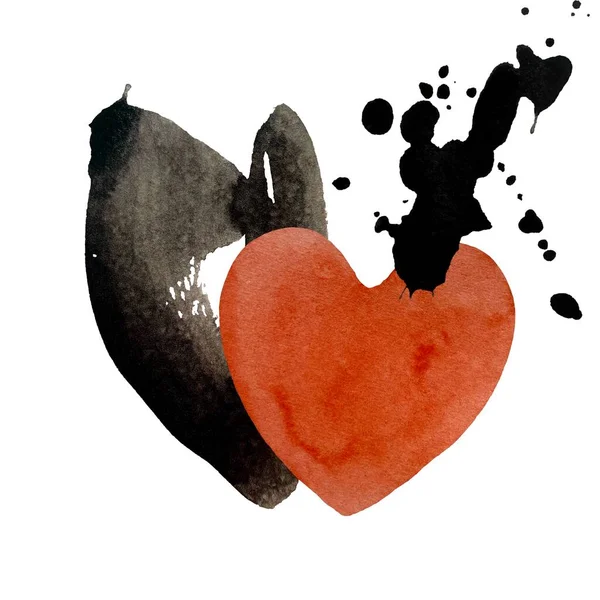 Черное Пятно Сердце Красное Пятно Иллюстрация Акварелью Ручная Работа Белом — стоковое фото