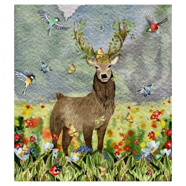 Deer Inseto Pássaro Natureza Fundo Esboço Uma Ilustração Aquarela Textura — Fotografia de Stock