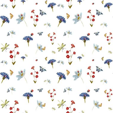 Böcek çiçeği sevimli papatya deseni. Suluboya çizimi. El yapımı ve izole edilmiş. Tasarım, kumaşlar, baskılar, tekstil, kartlar, davetiyeler, afişler, kuponlar, kuponlar.