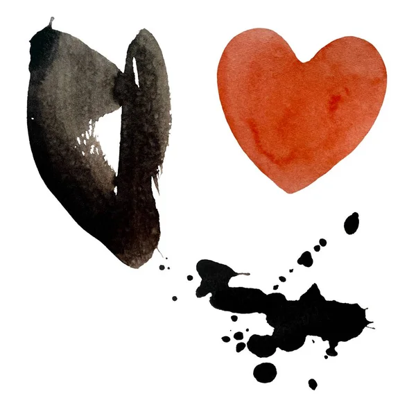 Сердце Красное Пятно Черного Цвета Иллюстрация Акварелью Ручная Работа Белом — стоковое фото