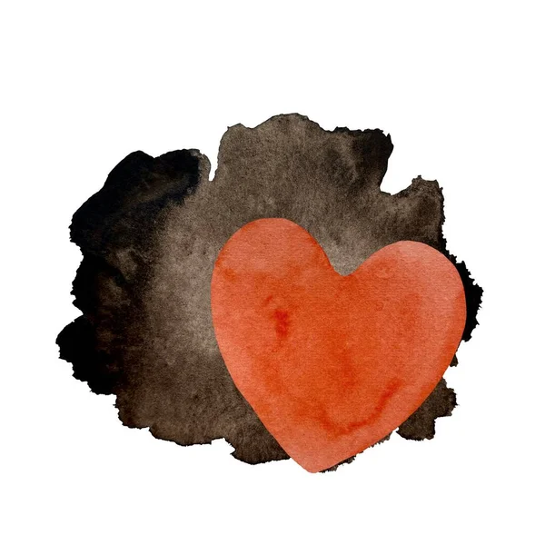 Kalp Kırmızısı Siyah Leke Issız Bir Suluboya Resim Çizimi Beyaz — Stok fotoğraf