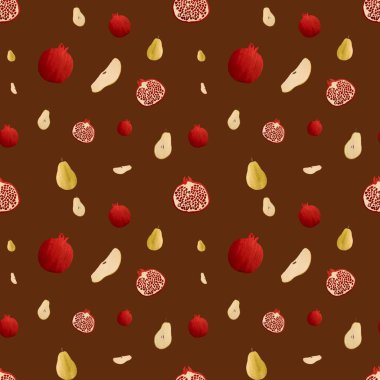 Nar armudu, yarım kahverengi desenli çizim. Suluboya çizimi. El yapımı ve izole edilmiş. Tasarım, kumaşlar, baskılar, tekstil, kartlar, davetiyeler, afişler, kuponlar, kuponlar. 