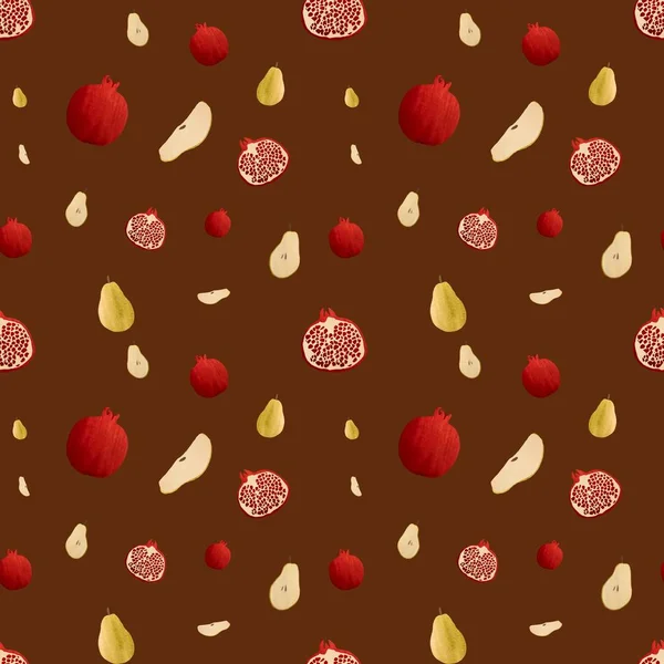 Nar armudu, yarım kahverengi desenli çizim. Suluboya çizimi. El yapımı ve izole edilmiş. Tasarım, kumaşlar, baskılar, tekstil, kartlar, davetiyeler, afişler, kuponlar, kuponlar. 