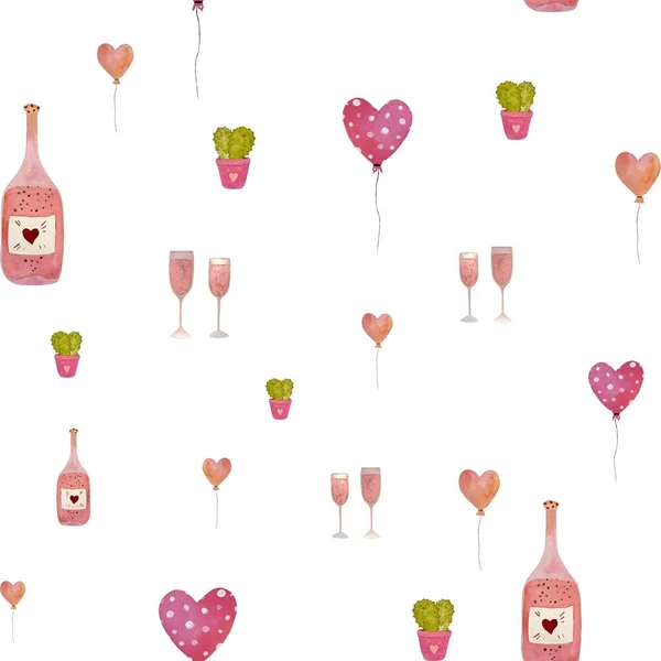Kaktüs şişesi şişesi balon aşk deseni. Suluboya çizimi. El yapımı doku. İzole edilmiş beyaz arka plan. Tasarım, kumaşlar, baskılar, tekstil, kartlar, davetiyeler, afişler, kuponlar için kullanılacak