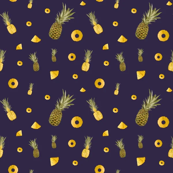 Pineapple yellow fruit violet pattern. A watercolor illustration. Hand drawn texture and isolated. For to use in design, fabrics, prints, textile, cards, invitations, banners, coupons, vouchers.