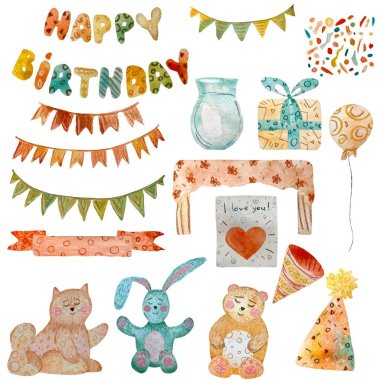 Oyuncak mutlu yıllar koleksiyonu. Suluboya çizimi. El yapımı doku. Beyaz arka planda izole edilmiş. Tasarım, kumaşlar, baskılar, tekstil, kartlar, davetiyeler, afişler için