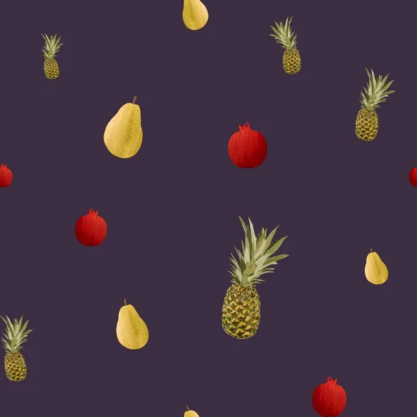 Ananas armut sarısı menekşe desenli. Suluboya çizimi. El yapımı ve izole edilmiş. Tasarım, kumaşlar, baskılar, tekstil, kartlar, davetiyeler, afişler, kuponlar, kuponlar. 