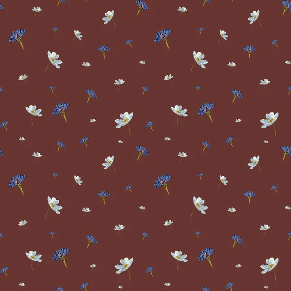 Flower blue daisy pattern seamless cute. A watercolor illustration. Hand drawn texture and isolated. For to use in design, fabrics, prints, textile, cards, invitations, banners, coupons, vouchers.