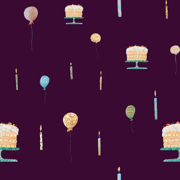 Candle balloon birthday pattern. A watercolor illustration. Hand drawn texture. Isolated on violet background. For to use in design, fabrics, prints, textile, cards, invitations, banners, vouchers.