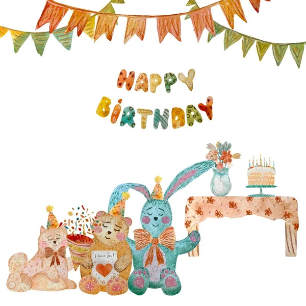 Happy birthday toy cat rabbit bear flags set. A watercolor illustration. Hand drawn texture. Isolated on white background. For to use in design, fabrics, prints, textile, cards, invitations, banners.
