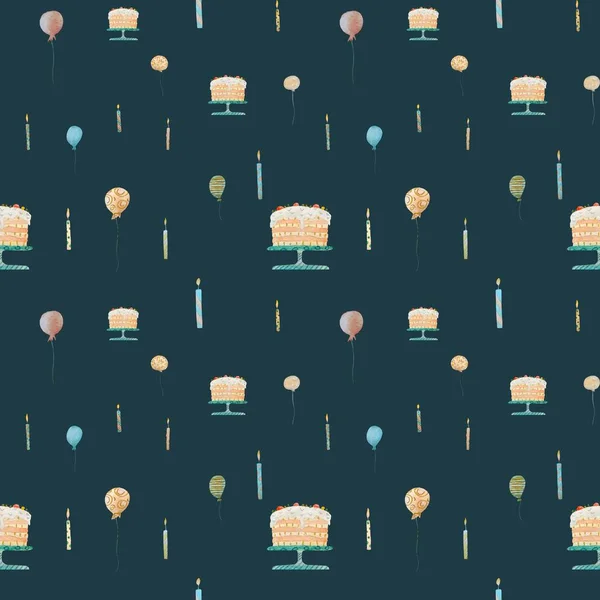Candle balloon happy birthday pattern. A watercolor illustration. Hand drawn texture. Isolated on blue background. For to use in design, fabrics, prints, textile, cards, invitations, banners, vouchers