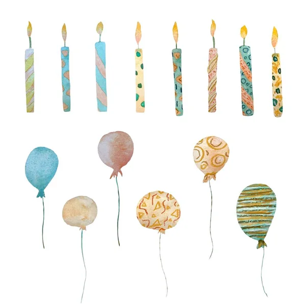 Mum balonu doğum günü eskiz seti. Suluboya çizimi. El yapımı doku. Beyaz arka planda izole edilmiş. Tasarım, kumaşlar, baskılar, tekstil, kartlar, davetiyeler, afişler için kullanılacak.