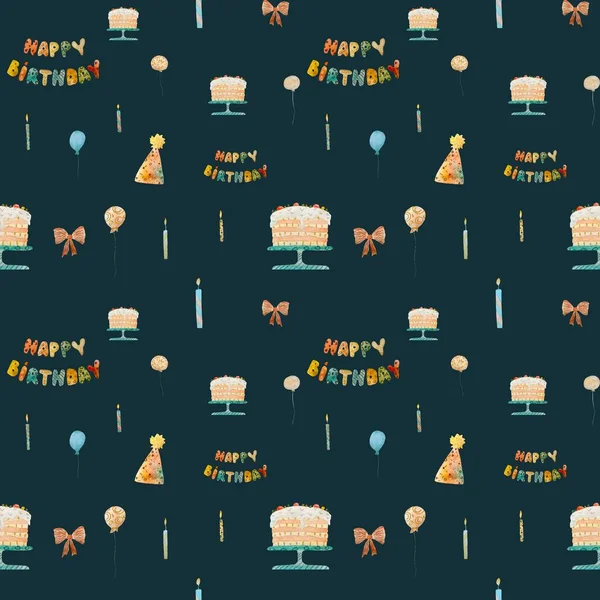 Party hat candle happy birthday seamless pattern. A watercolor illustration. Hand drawn texture. Isolated on blue background. For to use in design, fabrics, prints, textile, cards, invitations, banner