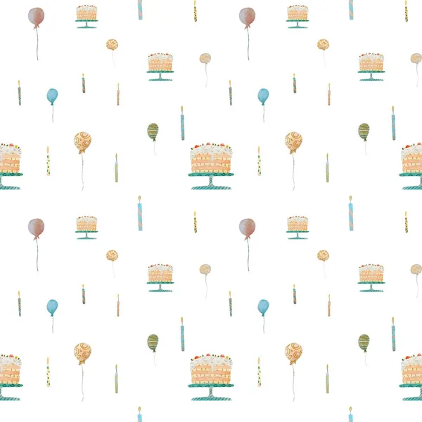 Candle cake happy birthday seamless pattern. A watercolor illustration. Hand drawn texture. Isolated on white background. For to use in design, fabrics, prints, textile, cards, invitations, banners.