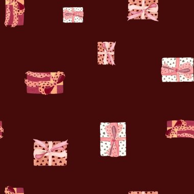 Hediye kutusu yay kalp deseni. Suluboya çizimi. El yapımı doku. İzole kırmızı arka plan. Tasarım, kumaşlar, baskılar, tekstil, kartlar, davetiyeler, afişler, kuponlar, kuponlar.