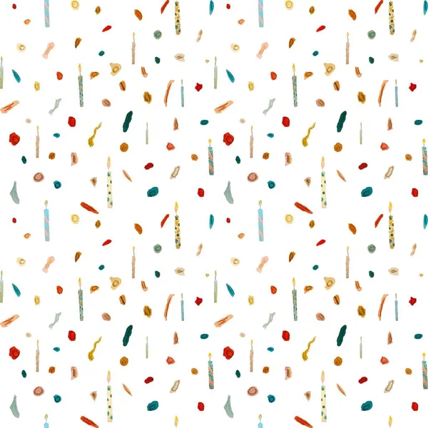 Confetti candle happy birthday pattern sketch. A watercolor illustration. Hand drawn texture. Isolated on white background. For to use in design, fabrics, prints, textile, cards, invitations, banners.