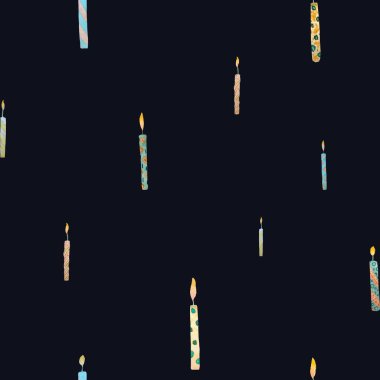Mum renkleri doğum günü desenini belirler. Suluboya çizimi. El yapımı doku. Siyah arka planda izole edilmiş. Tasarım, kumaşlar, baskılar, tekstil, kartlar, davetiyeler, afişler için kullanılacak.