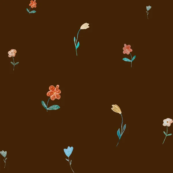 Flowers sketch flora simple seamless pattern. A watercolor illustration. Hand drawn texture. Isolated on brown background. For to use in design, fabrics, prints, textile, cards, invitations, banners.