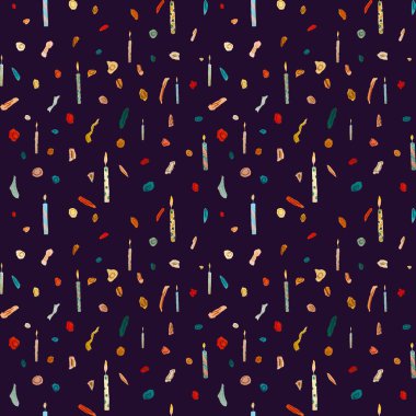 Konfeti mumu renkli şirin bir doğum günü şablonu. Suluboya çizimi. El yapımı doku. Menekşe arka planda izole edilmiş. Tasarım, kumaşlar, baskılar, tekstil, kartlar, davetiyeler, afişler için