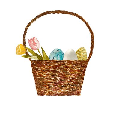 Paskalya için çiçek lale sepetli yumurta eskizi. Suluboya çizimi. El çizimi, izole edilmiş beyaz arka plan. Tasarım, kumaşlar, baskılar, tekstil, kartlar, davetiyeler, afişler, kuponlar için. 