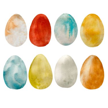 Paskalya yumurtası rengarenk renkler. Suluboya çizimi. El çizimi, izole edilmiş beyaz arka plan. Tasarım, kumaşlar, baskılar, tekstil, kartlar, davetiyeler, afişler, kuponlar için. 