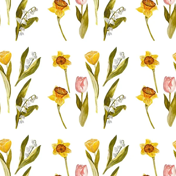 Daffodil tulip snowdrop Easter pattern. A watercolor illustration. Hand drawn texture, isolated white background. For use in design, fabrics, prints, textile, cards, invitations, banners, coupons.